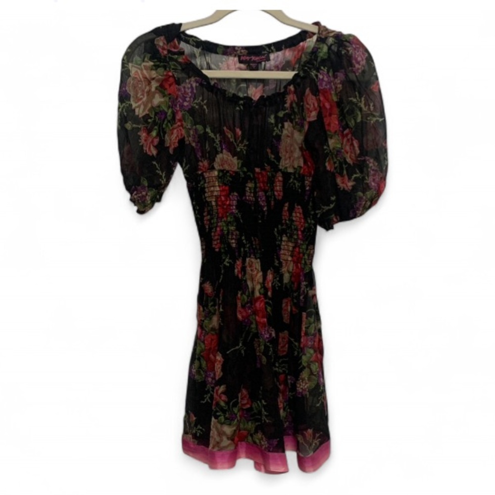 Betsey Johnson Black Floral Semi Sheer Puff Sleeve Mini Dress